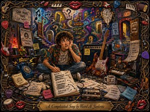 A bewildered young songwriter sits amid a chaotic music studio, surrounded by crossed-out lyrics, tangled cables, instruments, cassettes, and conflicting signs. Vibrant blues, reds, purples, and amber highlights illuminate the whimsical maze-like background. Rich painterly textures, surreal humor, and an ornate musical frame create an energetic, playfully overcomplicated atmosphere.