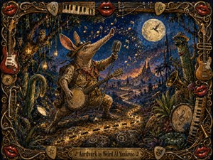 A whimsical aardvark musician performs beneath a glowing full moon in a surreal desert-jungle landscape, surrounded by cacti, owls, marching ants, and floating musical notes. Rich indigo, amber, and earthy tones glow under dramatic moonlight and lanterns, while textured painterly brushwork and an ornate instrument-filled frame create playful, handcrafted depth.