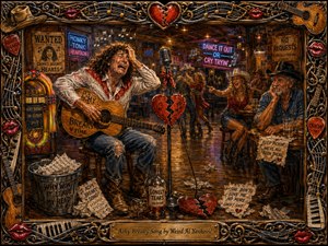 An anguished country singer strums a guitar in a lively honky-tonk, framed by an ornate border of guitar strings, piano keys, instruments, and glossy red lips. Warm amber light, neon signs, dancing patrons, scattered papers, and broken-heart motifs create a humorous yet heartfelt oil-painted scene filled with texture, drama, and playful storytelling.
