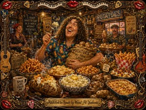A jubilant curly-haired potato fanatic celebrates amid a rustic kitchen overflowing with fries, mashed potatoes, chips, baked dishes, and sacks of spuds. Warm amber lighting, earthy browns, golds, reds, and creamy highlights create playful abundance. Rich painterly textures and whimsical signs are enclosed by an ornate musical frame with guitars, piano keys, picks, and glossy red lips.