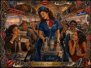 A richly painted vintage airplane cabin centers on the charismatic flight attendant Amy, serving drinks amid amused, admiring passengers. Warm amber lighting, sunset clouds, deep blues, reds, and metallic highlights create a playful romantic mood. An ornate musical frame of strings, piano keys, instruments, picks, and glossy lips surrounds the scene.