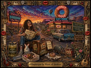 A whimsical painted desert scene shows a curly-haired traveler studying an Albuquerque map beside luggage, donuts, sauerkraut, a rabbit, and a sunglasses-wearing armadillo. Neon roadside diners, vintage cars, Route 66 signs, mesas, and hot-air balloons glow beneath a fiery sunset, framed by ornate guitars, piano keys, strings, picks, and glossy red lips.