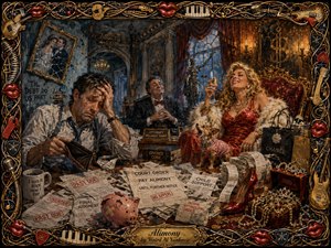 A richly painted satirical divorce scene shows a weary man facing mounting alimony bills while a glamorous ex-wife celebrates amid luxury, jewelry, receipts, and champagne. Cool blues contrast with warm golds and reds under dramatic chiaroscuro lighting. An ornate musical frame of strings, keys, picks, instruments, and red lips completes the theatrical composition.