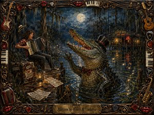 A whimsical moonlit bayou scene shows a towering alligator rising from reflective swamp water beside a startled accordion player on a weathered dock. Deep blues, swamp greens, amber lantern light, and glowing reflections create playful drama. Rich painterly textures, musical details, mist, and an ornate instrument-and-lips frame complete the handcrafted composition.
