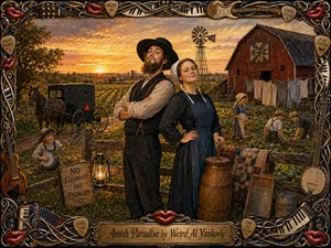 A richly textured folk-style painting shows a proud Amish couple at sunset amid farmland, a red barn, windmill, horse-drawn buggy, gardens, laundry, and working children. Warm amber light, earthy browns, barn reds, and dusky blues create playful rustic drama, framed by ornate instruments, piano keys, guitar strings, picks, and glossy red lips.