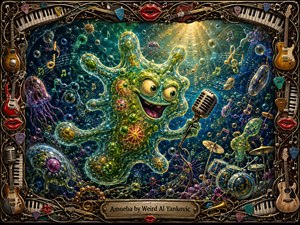 A gleeful green amoeba performs before a vintage microphone in a glowing microscopic world filled with bubbles, cells, musical notes, and tiny instruments. Rich teal, emerald, gold, and magenta tones create playful energy under radiant aquatic lighting. An ornate frame of guitars, piano keys, picks, strings, and glossy red lips completes the whimsical painted scene.