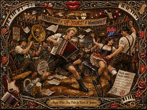 A furious accordion player explodes across the center of a crowded beer hall, surrounded by stomping dancers, brass musicians, and flying sheet music. Warm amber and crimson lights carve dramatic highlights through the smoky scene, while thick, painterly textures and an ornate musical frame of strings, keys, picks, instruments, and glossy red lips heighten the rowdy, satirical energy.