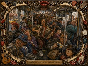 A wildly overcrowded city bus bursts with comic energy as a grinning accordion player stands amid tightly packed, exasperated passengers. Warm reds, golds, blues, and urban grays glow under dramatic interior lighting. Rich painterly textures, exaggerated expressions, metal poles, shopping bags, and humorous signs create depth, framed by ornate musical motifs and glossy red lips.