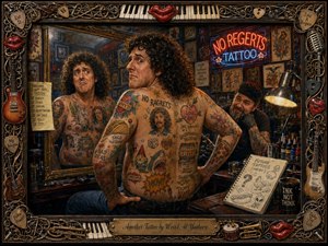 A richly painted tattoo parlor scene centers on a curly-haired man examining his heavily inked body in a mirror, surrounded by humorous tattoos, neon signs, flash art, and a smirking artist. Warm amber lighting, deep shadows, smoky reds and blues, and intricate musical framing create a playful, chaotic, handcrafted atmosphere.
