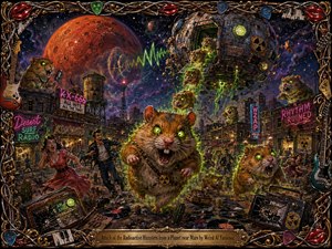 A richly painted retro sci-fi scene shows giant radioactive hamsters stampeding through a neon-lit desert town beneath a looming red planet and a battered spaceship. Panic, humor, and chaos fill the composition, glowing green against purples and rust reds, while an ornate musical frame of strings, picks, keys, instruments, and red lips surrounds the action.
