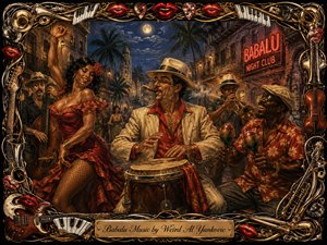 A vibrant oil-painted nightclub scene captures musicians and dancers celebrating beneath moonlit palms and glowing red neon. Warm gold, crimson, and deep blue tones heighten the festive mood, while dramatic highlights illuminate congas, brass instruments, swirling smoke, and expressive faces. An intricate musical frame surrounds the richly textured composition.