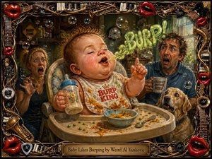 A gleeful baby dominates a chaotic kitchen, proudly burping while startled adults and a curious dog react nearby. Warm golden lighting, rich earthy colors, exaggerated expressions, scattered food, bubbles, and playful signs create comic energy. The detailed caricature painting is enclosed by an ornate musical frame with instruments, piano keys, picks, and glossy red lips.