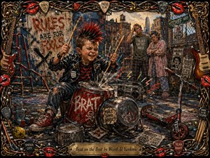 A mischievous punk child pounds battered drums in a gritty urban playground while exhausted adults watch in comic frustration. Rich reds, blacks, weathered blues, and warm golden light energize the textured painted scene. Graffiti, toys, a scooter, and boombox add chaos, framed by ornate musical instruments, strings, picks, piano keys, and glossy red lips.