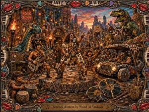 A lively prehistoric rock concert erupts in a bustling stone-age town, led by an exuberant fur-clad singer surrounded by musicians, dancers, dinosaurs, and a rugged stone car. Warm sunset oranges, torchlight, and colorful bulbs create festive depth, while richly painted textures and an ornate musical frame add playful, handcrafted detail.