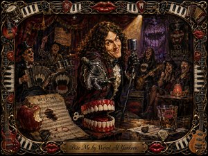 A mischievous cabaret-rock performer leans toward the viewer beneath a warm spotlight, surrounded by laughing musicians, gothic club patrons, oversized chattering teeth, bitten sheet music, and playful bite motifs. Rich crimson, black, violet, ivory, and gold tones create theatrical depth, framed by intricate instruments, piano keys, guitar picks, strings, and glossy red lips.