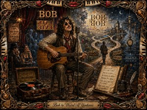 A quirky folk musician performs with an acoustic guitar in a richly painted vintage theater that dissolves into a surreal mirrored cityscape. Warm amber, burgundy, smoky blue, and aged gold lighting creates theatrical depth, while reversed signs, palindrome notes, vinyl records, ghostly spectators, looping roads, and an ornate musical frame amplify the clever, dreamlike mood.