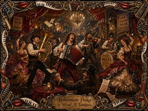 A richly painted bohemian tavern erupts with joyful polka energy as an accordionist, tuba player, violinist, drummer, dancers, and cheering patrons fill the scene. Warm gold, crimson, and mahogany tones glow beneath chandeliers, while swirling sheet music adds motion. An ornate musical frame surrounds the lively, theatrical composition.
