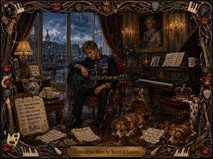 A melancholy royal musician sits slumped with a guitar in an opulent palace chamber overlooking rainy London. Deep blues, burgundy, gold, and warm amber candlelight create a wistful, satirical mood. Rich oil-painted textures, scattered sheet music, corgis, crowns, piano, tea service, and an ornate musical frame complete the scene.