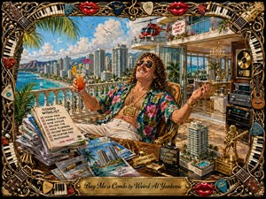 A flamboyant condo owner lounges on a sunlit tropical balcony overlooking turquoise water and a skyline of luxury towers. Vibrant teal, coral, gold, and white tones create a playful, satirical mood. Rich painterly textures, gleaming interiors, real-estate brochures, a helicopter, musical ornaments, and an elaborate instrument-and-lips frame emphasize extravagant ambition.