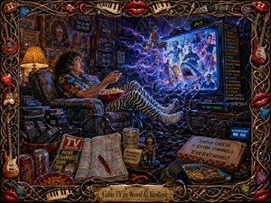 A curly-haired man lounges in a cluttered den, hypnotized by a glowing television that erupts with wild characters and streaming cables. Warm lamplight and cool blue screen light create dramatic contrast, while rich painterly textures, overflowing snacks, stacked remotes, and an ornate musical frame give the scene a humorous, chaotic, handcrafted charm.