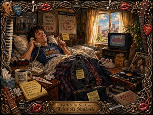 A mischievous worker lounges in a cluttered bedroom, gleefully calling in sick while surrounded by tissues, snacks, records, a television, and discarded office clothes. Warm sunlight contrasts with cozy amber shadows, creating a playful, rebellious mood. Rich painterly textures and an intricate musical frame complete the humorous handcrafted scene.