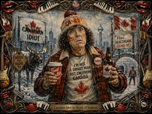 A bewildered Canadian figure stands in a snowy Toronto-inspired cityscape, clutching coffee and beer beneath swirling winter skies. Moose, hockey players, an igloo, maple flags, and satirical signs enrich the humorous scene. Warm reds, icy blues, textured brushwork, and dramatic lighting are enclosed by an ornate musical frame.