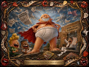 A jubilant, comic-inspired painted hero stands proudly outside a brick elementary school, wearing white briefs and a flowing red cape beneath a dramatic blue sky. Laughing children and an angry teacher add playful chaos. Warm theatrical lighting, rich textures, flying comic pages, and an intricate musical frame create energetic, handcrafted humor.