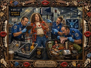 A startled traveler stands amid an absurdly intense airport security search, surrounded by stern officers, scattered luggage, comic signs, and bizarre suitcase contents. Cool blues and metallic grays contrast with vivid reds under harsh overhead lighting. Rich painterly textures, exaggerated expressions, surreal humor, and an ornate music-themed frame create energetic visual chaos.