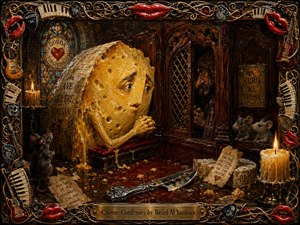 A richly textured oil painting depicts an anxious anthropomorphic cheese wedge confessing inside a candlelit wooden chapel, watched by a shadowed priest and curious mice. Warm gold, amber, burgundy, and mahogany tones create theatrical depth, while stained glass, crumbs, a silver cheese knife, melting candles, and an ornate musical frame add whimsical detail.