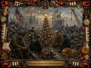 A solemn Christmas tree glows at the center of a ruined urban wasteland, surrounded by exhausted workers, a firefighter, a police officer, and a resting dog. Muted grays and browns contrast with warm golden lights, while expressive brushwork and a lavish musical frame create a haunting, handcrafted scene of resilience and reflection.