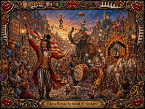 A jubilant circus parade fills a glowing old-town street at sunset, led by a flamboyant ringmaster, marching musicians, clowns, acrobats, horses, and a decorated elephant. Rich reds, golds, blues, and warm lantern light create festive depth, framed by intricate musical instruments, piano keys, guitar picks, and glossy red lips.