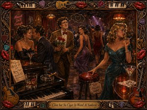 A richly painted vintage nightclub scene captures romantic near-misses with playful melancholy. Warm amber lights illuminate elegant patrons, smoky tables, cocktails, a piano, and a hopeful man holding roses while glamorous women drift away. Deep browns, reds, teal, and gold create theatrical depth, framed by intricate musical motifs and glossy lips.