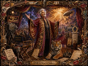 A flamboyant silver-haired showman commands a lavish theatrical stage beside a calm tiger, surrounded by vintage studio props and surreal symbols of exaggerated greatness. Rich crimson, gold, plum, and midnight-blue tones glow under dramatic spotlights and storm-lit skies, while an ornate musical frame of instruments, piano keys, picks, and glossy lips completes the whimsical painted scene.