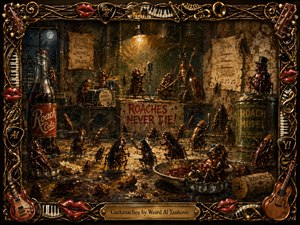 A lively colony of cockroaches transforms a decaying nighttime kitchen into a mischievous miniature concert hall. Warm amber light cuts through smoky brown and green shadows, illuminating musicians, dancers, crumbs, bottles, and battered signs. Thick painterly textures and surreal humor fill the scene, framed by ornate instruments, piano keys, strings, and glossy red lips.