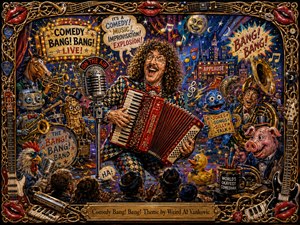 A wildly energetic painted comedy stage centers on a grinning accordion player surrounded by eccentric musicians, puppets, animals, microphones, and theatrical props. Saturated reds, blues, golds, and purples glow under dramatic spotlights, while confetti and musical symbols amplify the playful chaos. An ornate instrument-woven frame completes the handcrafted spectacle.
