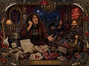 A frantic curly-haired man clutches a telephone amid a lavish, chaotic nighttime room while a shocked woman watches from behind. Deep burgundy, midnight blue, gold, and crimson tones glow beneath chandeliers and moonlight. The richly painted scene overflows with confessional notes, comic props, torn hearts, musical details, and an ornate instrument-themed frame.