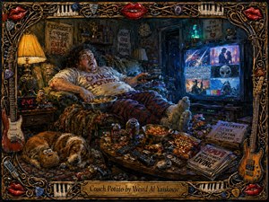 A richly textured, hand-painted scene shows an exhausted couch potato sprawled in a cluttered late-night den, transfixed by a glowing television. Warm lamplight and cool blue screen light dramatize the messy room, scattered snacks, remotes, and sleeping dog, while an ornate musical frame with lips, strings, and keys surrounds the humorous composition.
