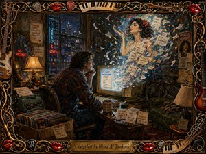 A richly textured painting shows a curly-haired man browsing Craigslist on an old computer in a cluttered, warmly lit apartment. Classified notes swirl into a dreamlike woman above the screen, blending humor, longing, and absurdity. Deep browns, blues, amber light, musical clutter, and an ornate instrument-filled frame create nostalgic theatrical charm.
