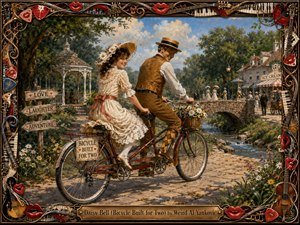 A joyful Victorian couple rides a burgundy tandem bicycle through a sunlit park filled with daisies, a gazebo, stone bridge, stream, and lively visitors. Warm golds, greens, creams, and reds create a nostalgic mood. Detailed oil-paint textures, soft afternoon light, whimsical signs, and an ornate music-themed frame complete the romantic scene.