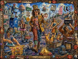 A jubilant, eccentric figure strides through a surreal suburban parade, surrounded by absurd performers, robots, rubber chickens, and playful signs. Painted in a richly textured, handcrafted style, the scene glows with bright blues, reds, and golds, lively daylight, and deep visual depth, all enclosed by an ornate musical frame.