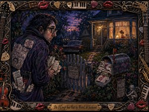 A nervous admirer lurks beside a suburban garden gate at twilight, clutching wilted roses and love notes while watching a warmly lit house. Cool indigo shadows contrast with amber windows, creating an awkward, eerie mood. Rich painterly textures, overflowing letters, thorny roses, heart motifs, and an ornate musical frame heighten the darkly comic atmosphere.
