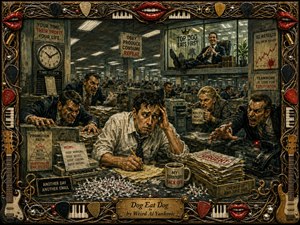 A frantic office worker sits buried beneath paperwork as snarling coworkers close in across a grim corporate cubicle maze. Harsh fluorescent lighting casts sickly greens, browns, and warning reds across the tense scene. Rich painterly textures, satirical details, and an ornate musical frame of strings, keys, picks, instruments, and glossy lips complete the artwork.