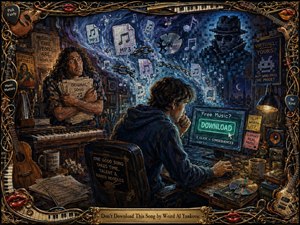 A richly textured painted music room shows a hesitant young man facing a glowing download screen while an anxious songwriter clutches original sheet music nearby. Cool blues and violets contrast with warm amber lamplight, creating dramatic depth. Floating MP3 icons, chains, instruments, humorous warnings, and an ornate musical frame reinforce the satirical mood.