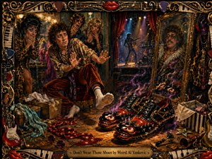 A startled man recoils from grotesque black-and-red shoes with staring eyes, sharp teeth, chains, and spikes in a cluttered backstage dressing room. Shocked companions watch beneath warm theatrical lighting, while a concert stage glows beyond. Rich golds, burgundy, black, and purple smoke enhance the humorous, surreal, hand-painted rock-and-roll atmosphere.