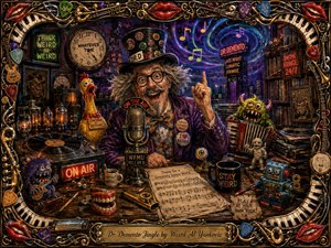 A wildly eccentric radio host grins behind a vintage microphone in a cluttered late-night studio filled with vinyl records, glowing tubes, novelty instruments, monsters, and surreal props. Rich purples, reds, golds, and blues glow under theatrical lighting, while swirling musical notes and an ornate instrument-filled frame amplify the playful, hand-painted chaos.