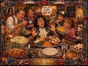 A richly painted, humorous family feast overwhelms a wide-eyed central diner as relatives enthusiastically offer heaping plates of food. Warm amber lighting, deep browns, vivid greens, reds, and golden tones create a lively vintage atmosphere. Intricate musical framing, glossy lips, instruments, abundant dishes, and playful signs heighten the chaotic handcrafted storytelling.