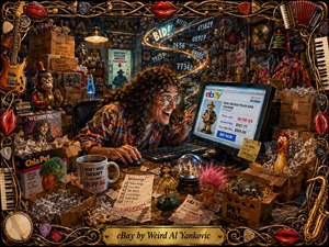 A wildly enthusiastic collector hunches over a glowing eBay auction in a cluttered room overflowing with quirky treasures, boxes, toys, instruments, and memorabilia. Warm amber lighting contrasts with electric blue bidding numbers, creating comic urgency. Rich painterly textures, deep perspective, playful details, and an ornate musical frame amplify the chaotic, obsessive shopping mood.