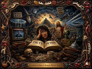A bewildered man studies a giant book labeled Facts and Fiction amid a surreal landscape of pyramids, aliens, wizards, conspiracies, and contradictory signs. Rich blues, golds, and earthy tones glow beneath dramatic twilight lighting, while a handcrafted musical frame of strings, keys, instruments, picks, and red lips completes the whimsical painting.
