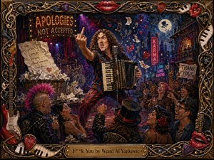A wildly theatrical cabaret scene centers on a curly-haired accordion performer defiantly commanding a crowded nightclub stage. Saturated reds, purples, blues, and golds glow beneath dramatic spotlights and neon haze. Broken hearts, crumpled letters, musical symbols, cheering spectators, and an intricate instrument-filled frame create a humorous, rebellious, richly painted spectacle.