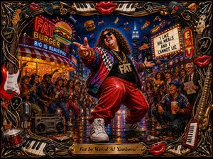 A flamboyant, larger-than-life performer dominates a neon-lit city street, surrounded by cheering crowds, diner signs, floating food, and wet pavement reflections. Saturated reds, golds, blues, and warm highlights create a playful, theatrical mood. An ornate musical frame of strings, keys, picks, instruments, and glossy lips completes the richly painted scene.